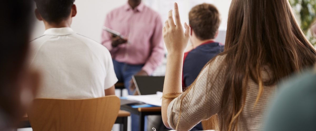 Rear View Of Female College Student Asking Question In Class